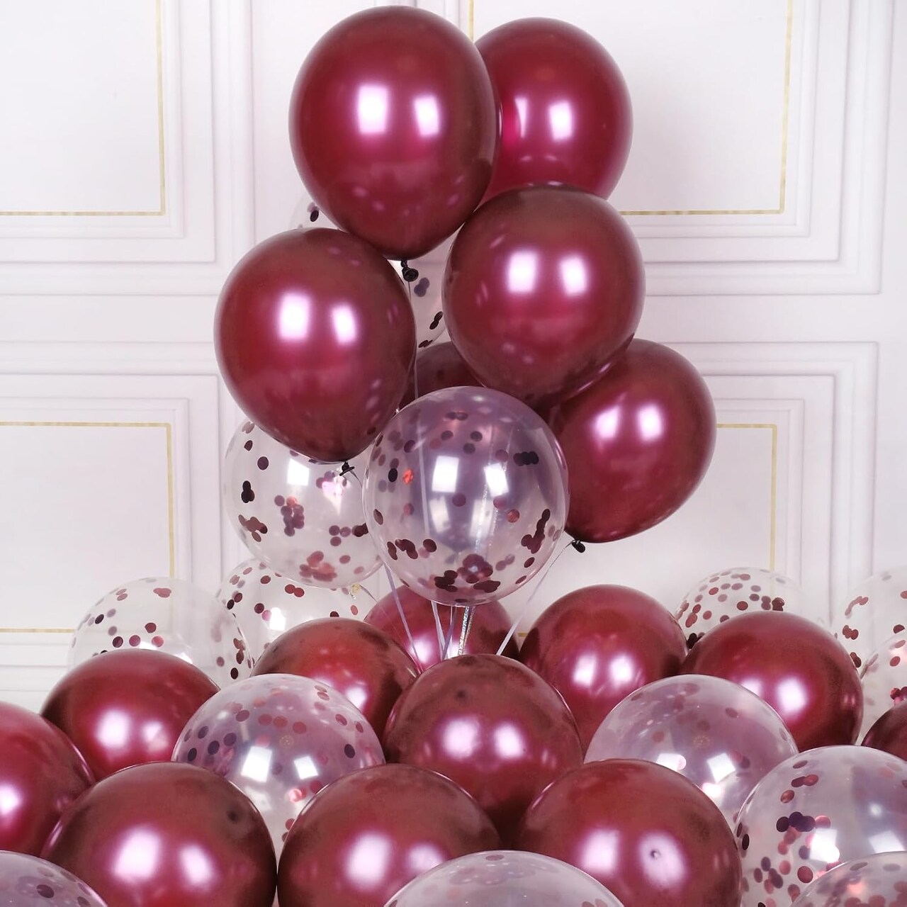 Party Balloons Pack of 42 - Metallic Burgundy Balloons and Confetti Latex Helium Balloons With 64ft Ribbons - 12 Inch Mroon Chrome Balloon Decoration Set
